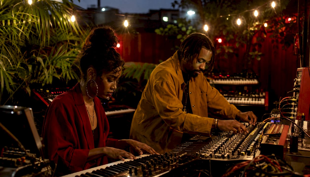 Musicians collaborating in atmospheric R&B studio