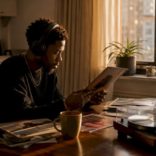 Person browsing alternative R&B vinyl records