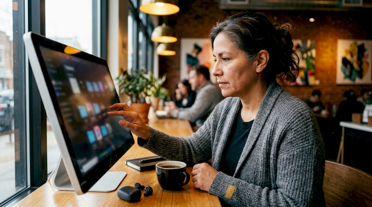 Hands organizing digital music folders on touchscreen