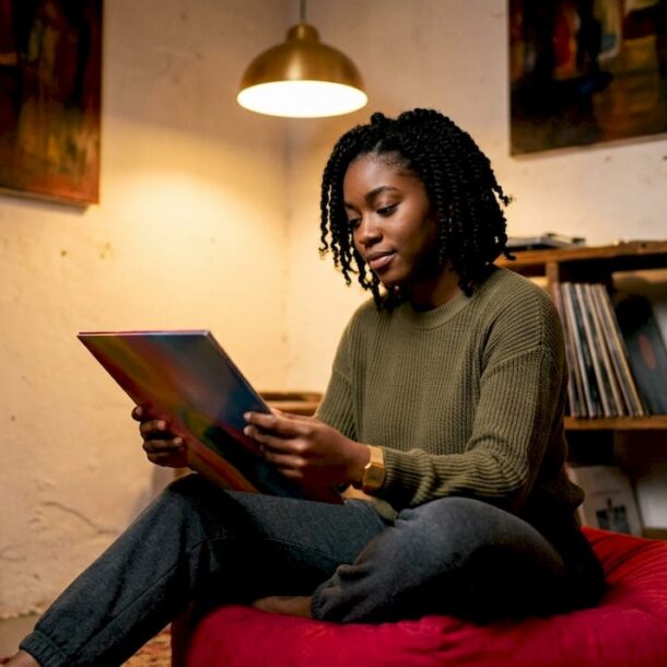 Woman organizing vinyl records in living room