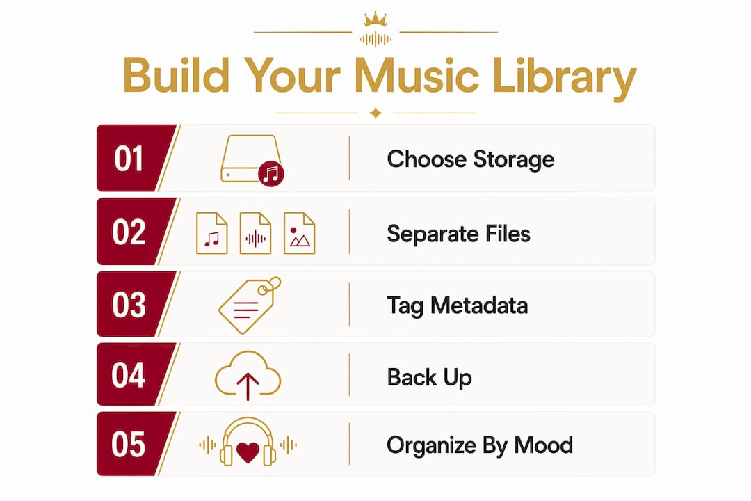 Infographic showing music library building steps