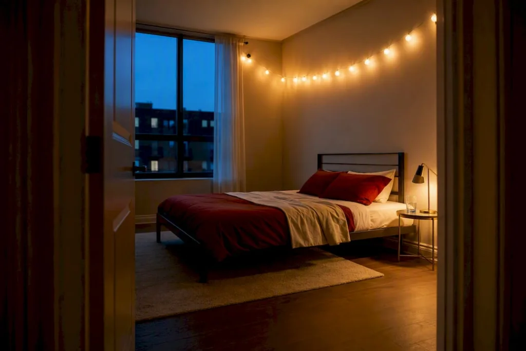 Apartment bedroom with shifting blue amber lighting