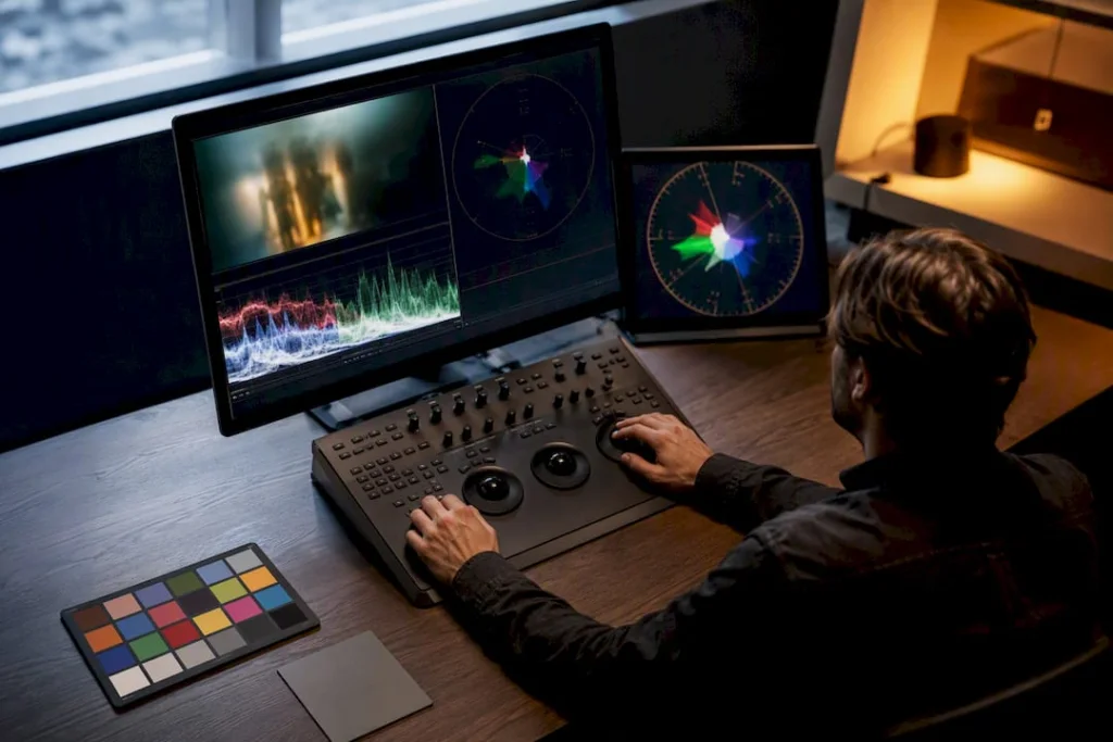 Vectorscope and waveform beside color chart