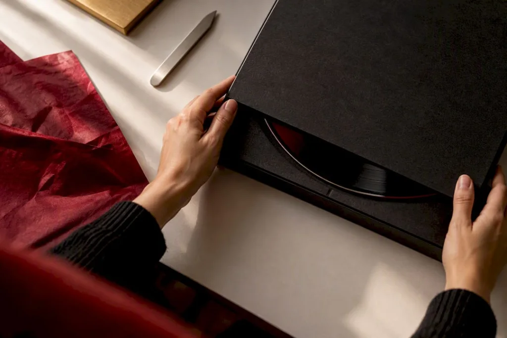 Hands arranging premium vinyl packaging