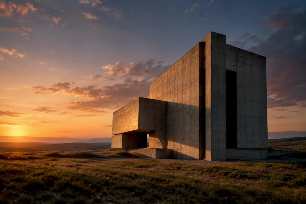 Brutalist structure against open landscape