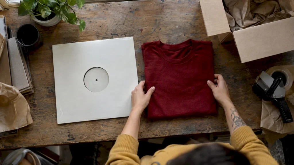 Vinyl album and shirt bundle on table