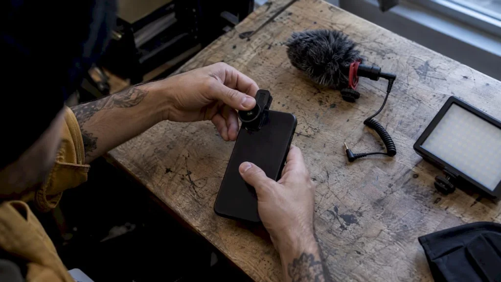 Creator assembling a compact filming kit