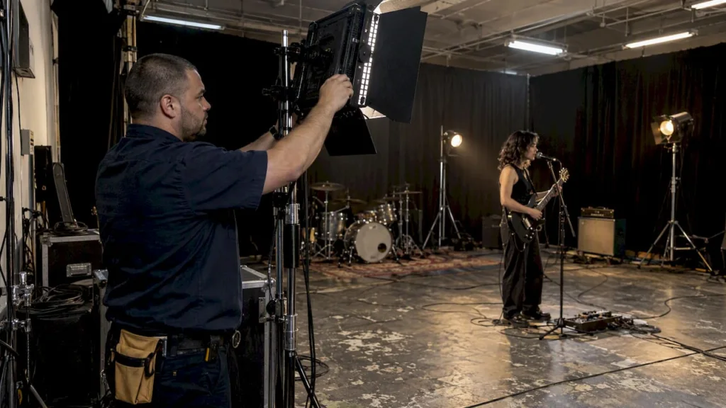 Lighting technician adjusting music video fixtures