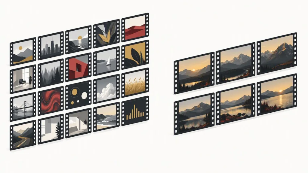 Broad footage grid beside curated cinematic sequences