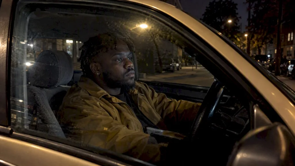 Artist seated beneath streetlight in a parked car